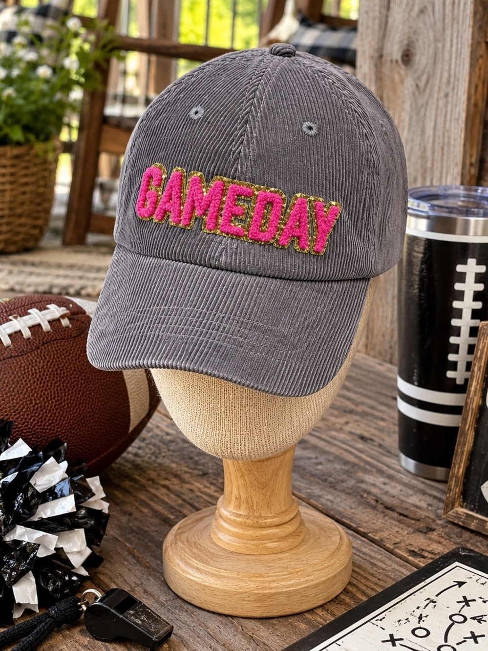 GAMEDAY Gray Corduroy Baseball Cap with Pink Embroidery NWT